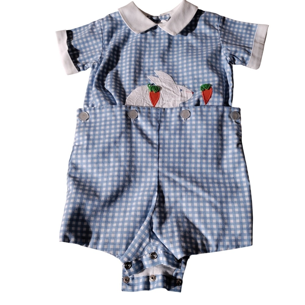 JAYNE COPELAND BOYS BLUE WHITE BUNNY CARROT GINGHAM SHORTALLS SZ 18m Easter